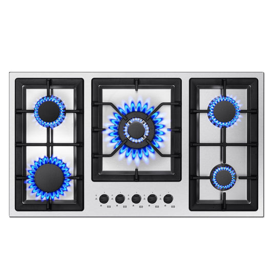 36 Inch Gas Cooktop, 5 Burner Gas Stove Top Total 34,588 BTU, Built-in Stainless Steel 36 Inch Gas Hob with Thermocouple Protection, LPG/NG Convertible Propane Cooktop