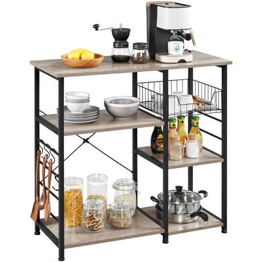 Yaheetech Kitchen Bakers Rack with Wire Basket, Coffee Bar Table Station Microwave Oven Stand Kitchen Utility Storage Shelf with 6 S-Shaped Side Hooks, Metal Frame, 15''D x 35.5''W x 33''H, Gray