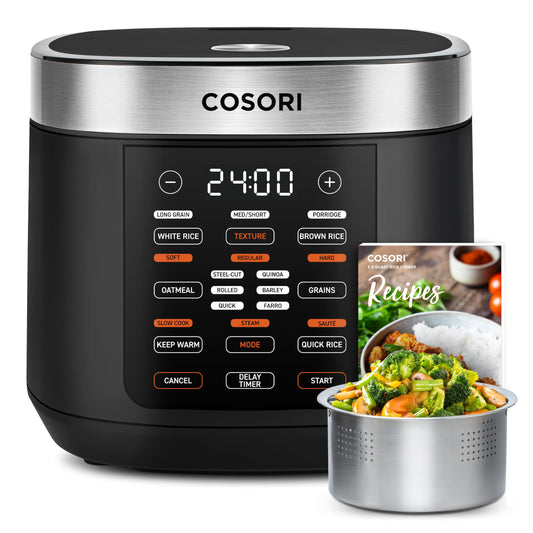 COSORI Rice Cooker 10 Cup, 24h Keep Warm, 18 Functions Fuzzy Logic Rice Maker with Stainless Steel Steamer Basket, Sauté, Slow Cooker, Black