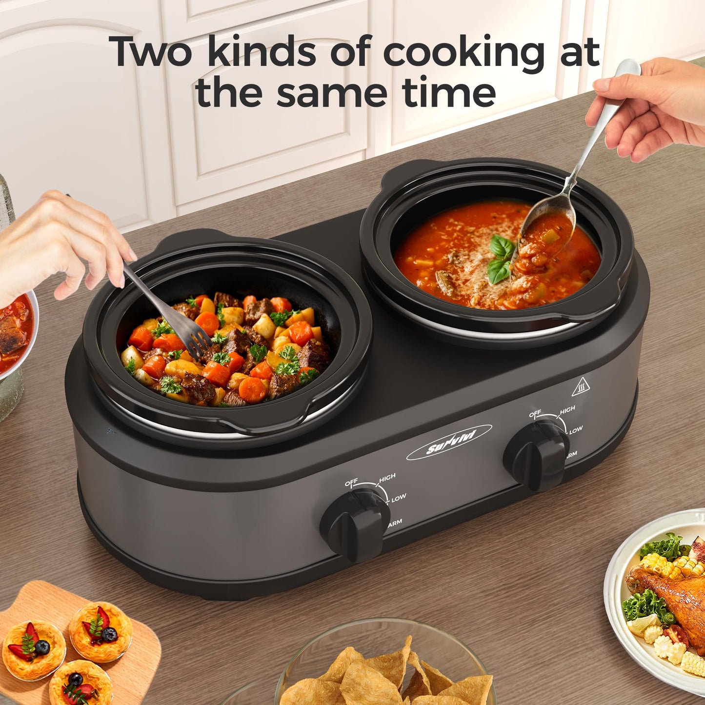 Sunvivi Dual Slow Cooker, Buffet Server & Warmer with 2 Removable Ceramic Pots, 3 Adjustable Temp Settings & 2 Visible Glass Lids, Stainless Steel, 2.5 QT Grey