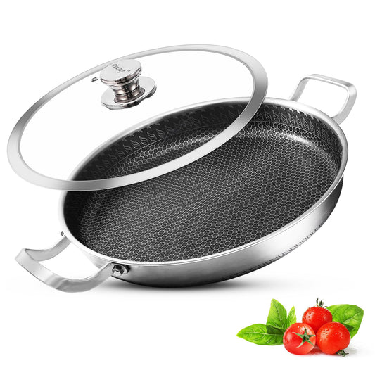 Vinchef Skillet with Lid 13 Inch Stainless Steel Pan, PFOA Free, Dishwasher and Oven Safe Cookware, Cooking Pan for Induction Compatible