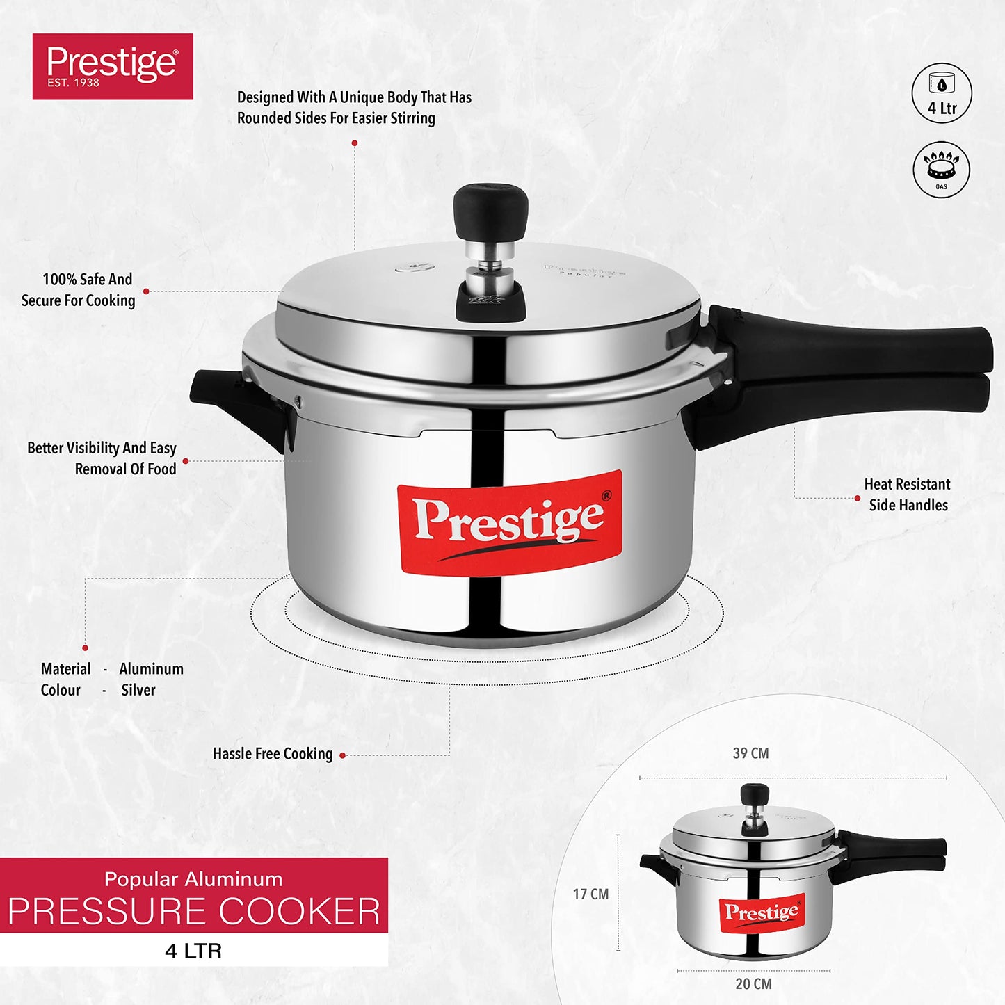 Prestige PRP4 Aluminum Pressure Cooker, 4 L, Silver