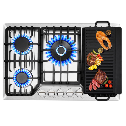 30 Inch Bulit-In Gas Cooktop with Griddle, 5 Italy SABAF Powerful Burners Over 92% High Efficiency, Max 48300BTU Gas Stove Top, 304 Stainless Steel Panel, NG/LPG Convertible, CSA Certified