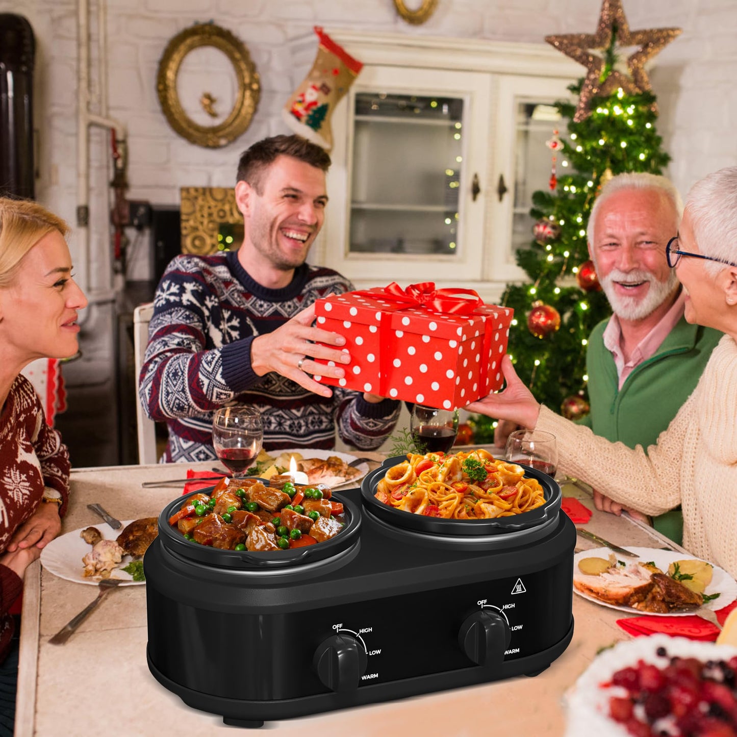 Double Slow Cooker, 2 x 1.25 QT Portable Small Dual Crock Cooker, Buffet Servers and Warmers Dishwasher Safe, Removable Ceramic Pot Glass Lid, Stainless Steel Black