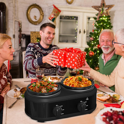 Double Slow Cooker, 2 x 1.25 QT Portable Small Dual Crock Cooker, Buffet Servers and Warmers Dishwasher Safe, Removable Ceramic Pot Glass Lid, Stainless Steel Black