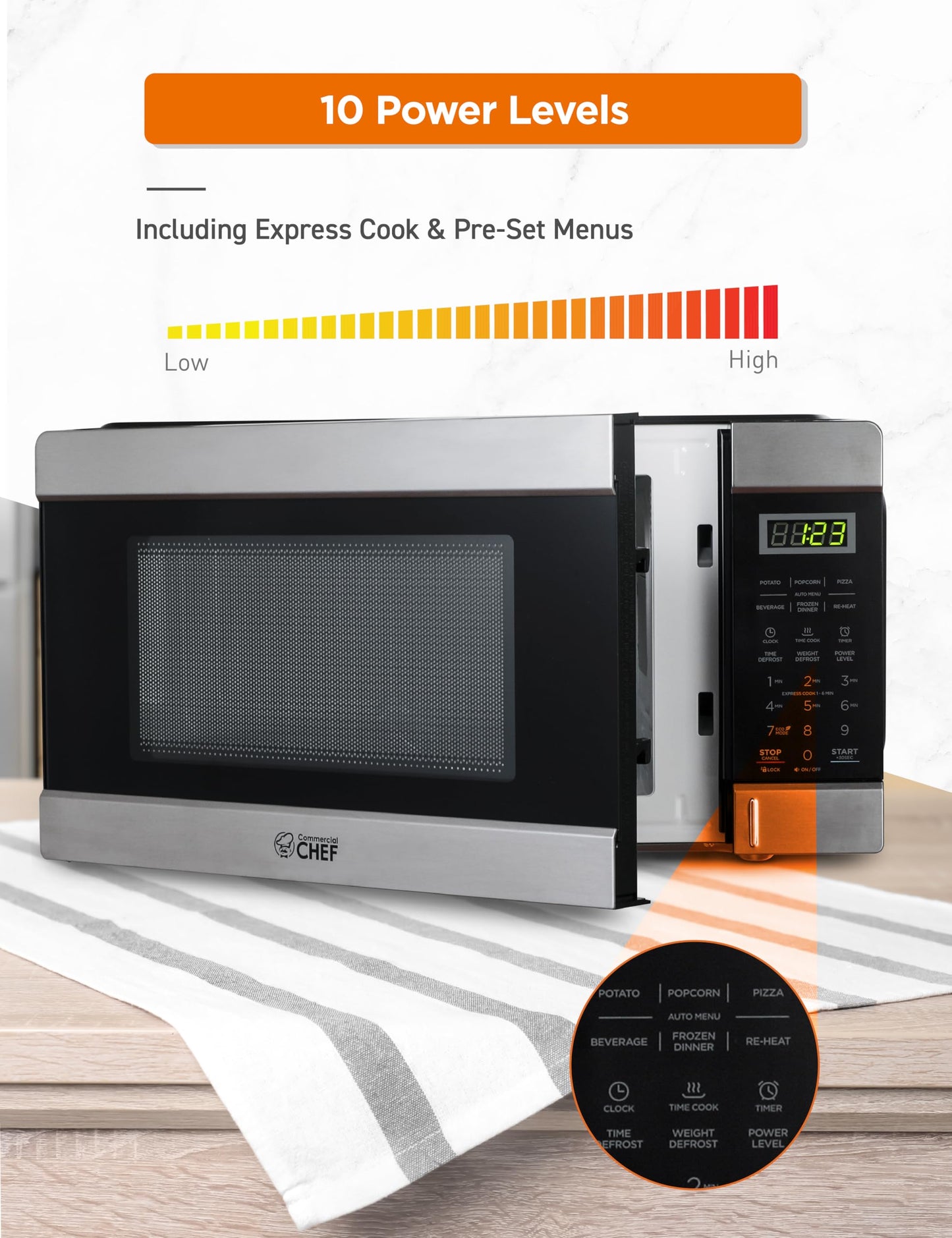 COMMERCIAL CHEF 1.1 Cu Ft Microwave with 10 Power Levels, Small Microwave with Push Button, 1000W Countertop Microwave with Kitchen Timer, Door Lock, & Digital Controls, Stainless Steel