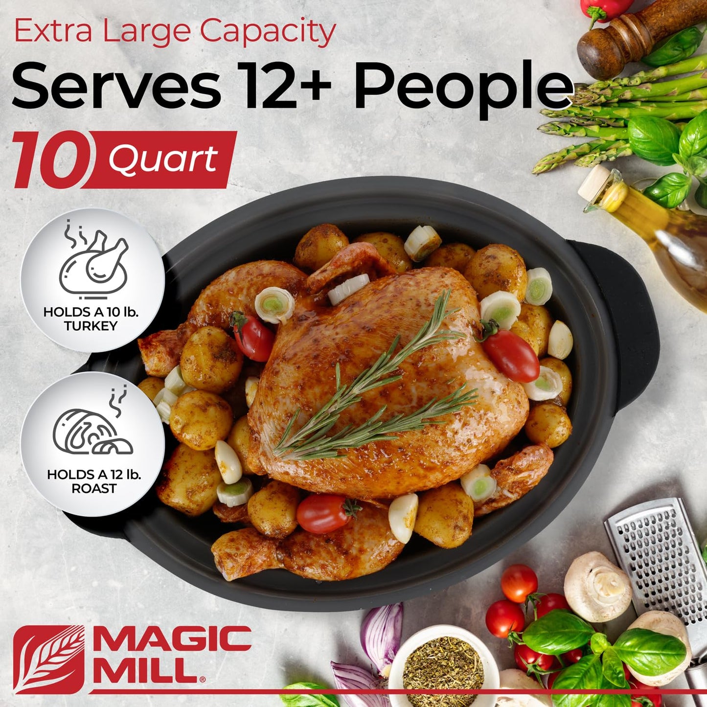 Magic Mill Slow Cooker 10 Quart | Extra Large Non-Stick Metal Searing Pot & Transparent Tempered Glass Lid Multipurpose Lightweight Slow Cookers, Pot is Safe to Put the On the Flame, Dishwasher Safe