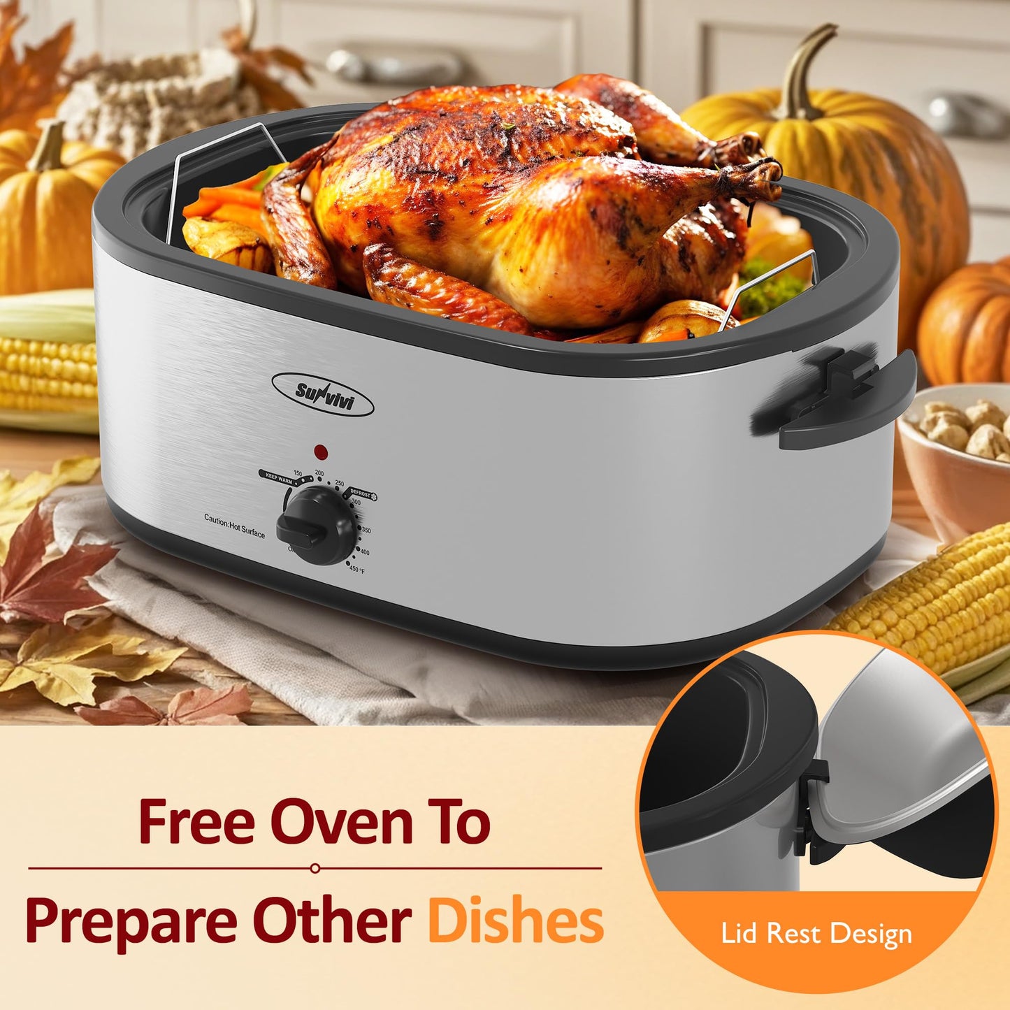 Sunvivi 26 Quart Roaster Oven, Electric Roaster Oven with Glass Lid, Turkey Roaster Oven Buffet with Self-Basting Lid, Removable Pan, Cool-Touch Handles, Silver