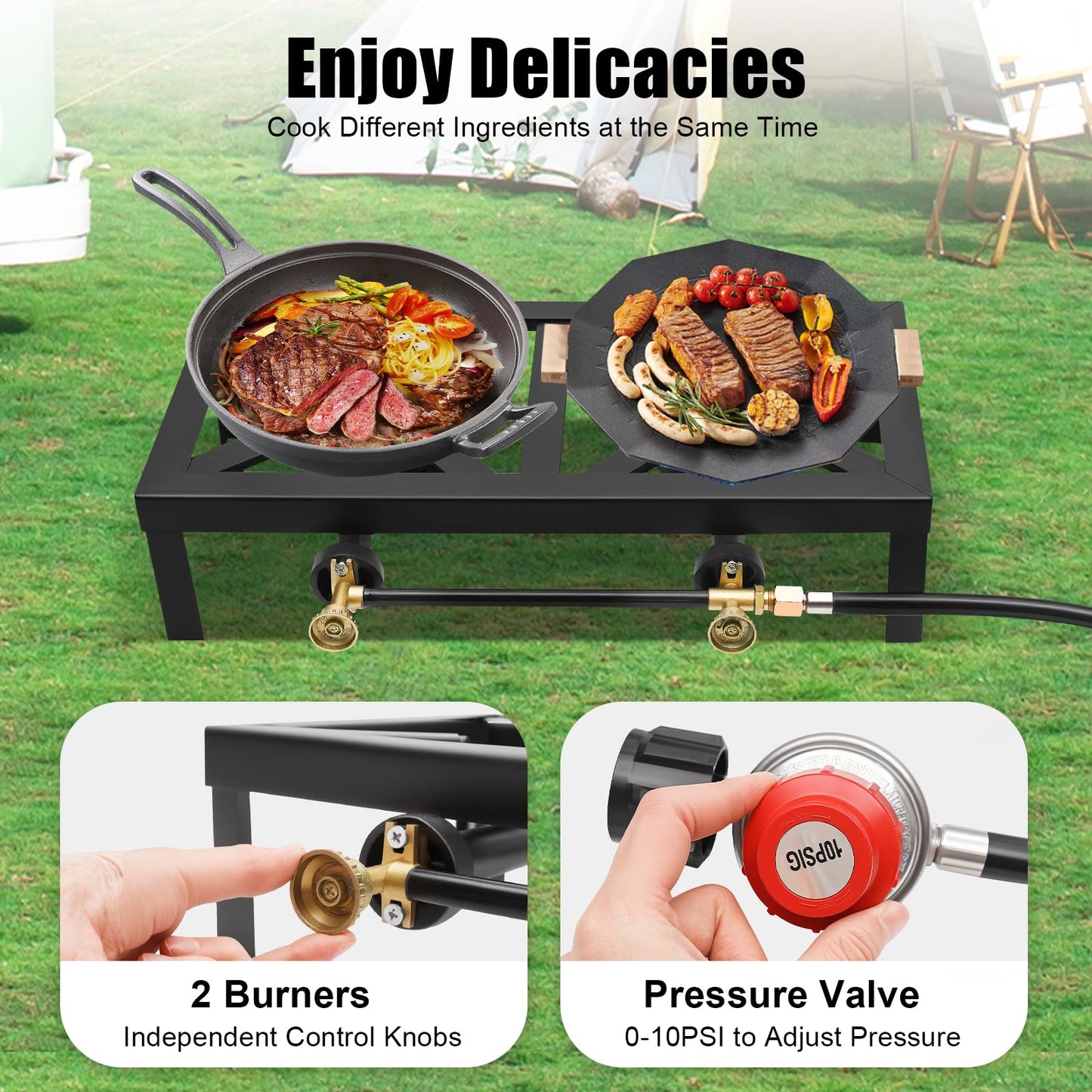 Shikiy Double Burner Outdoor Gas Stove Propane Cooker Portable Gas Cooking Stoves Black Square Gas Stove 2 Burners Gas Cooktops with Regulator Hose Independent Control Knobs for Outdoor Camping