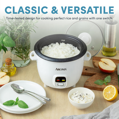 AROMA Rice Cooker, 3-Cup (Uncooked) / 6-Cup (Cooked), Small Rice Cooker, Oatmeal Cooker, Soup Maker, Auto Keep Warm, 1.5 Qt, White, ARC-393NG