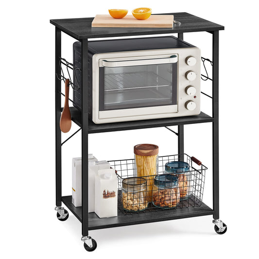 VASAGLE Kitchen Shelf on Wheels, Serving Cart with 3 Shelves, Kitchen Cart, Microwave Shelf, for Mini Oven, Toaster, with 6 Hooks, Industrial Stylee, Ebonized Oak Finish and Black UKKS060B42