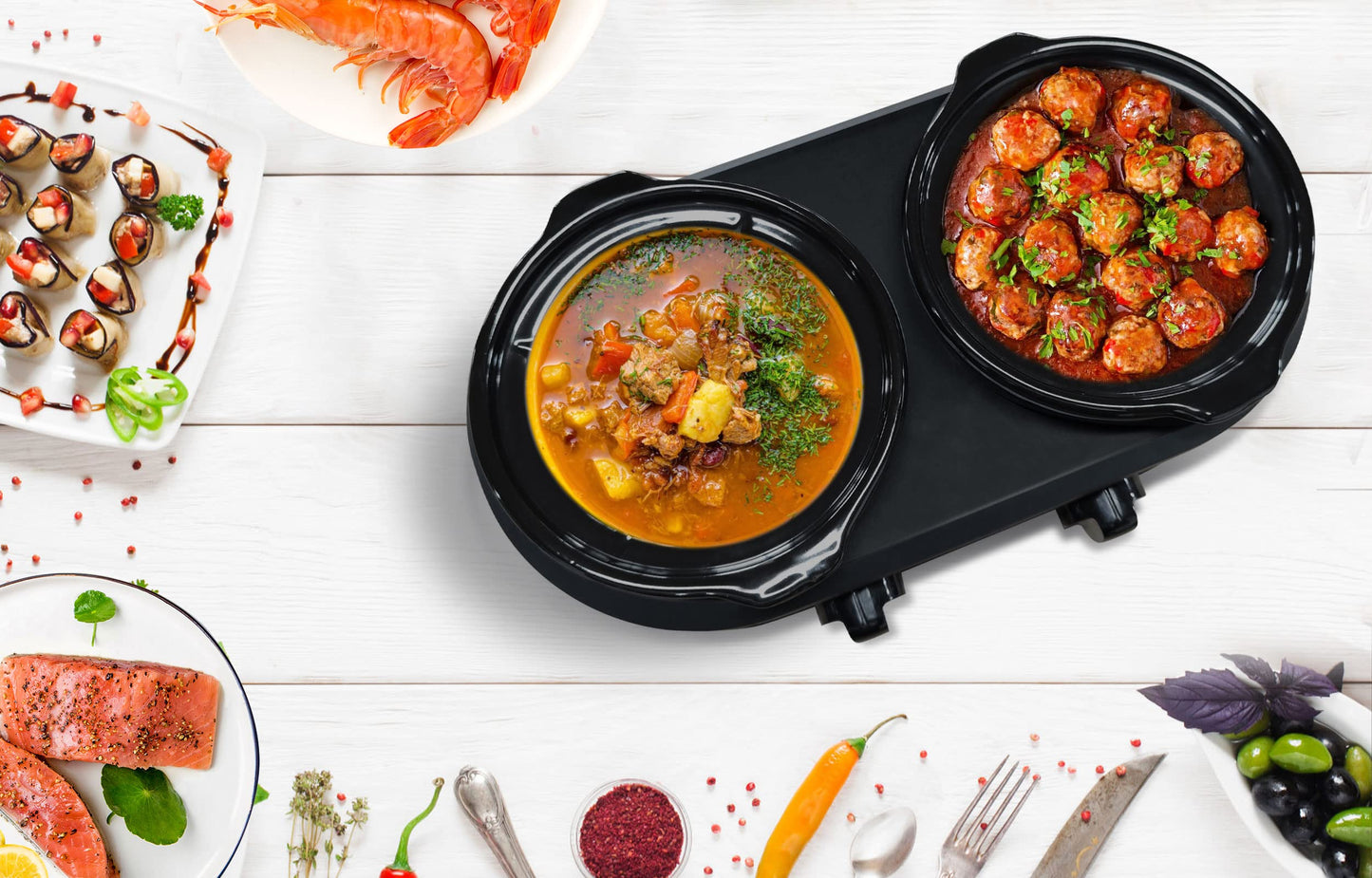 Double Slow Cooker, 2 X 1.25QT Mini Individual Pots with Adjustable Temp, Dishwasher Safe, Portable Buffet Server and Warmer, Safe Ceramic Pots & Glass Lid, Stainless Steel