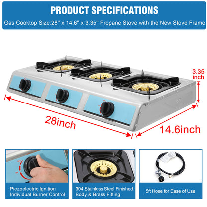 Propane Gas Stove,3 Burner Gas StovePortable Gas Stove Auto Ignition Camping Stainless Steel Stove 3 Burner LPG for RV, Apartment,Outdoor