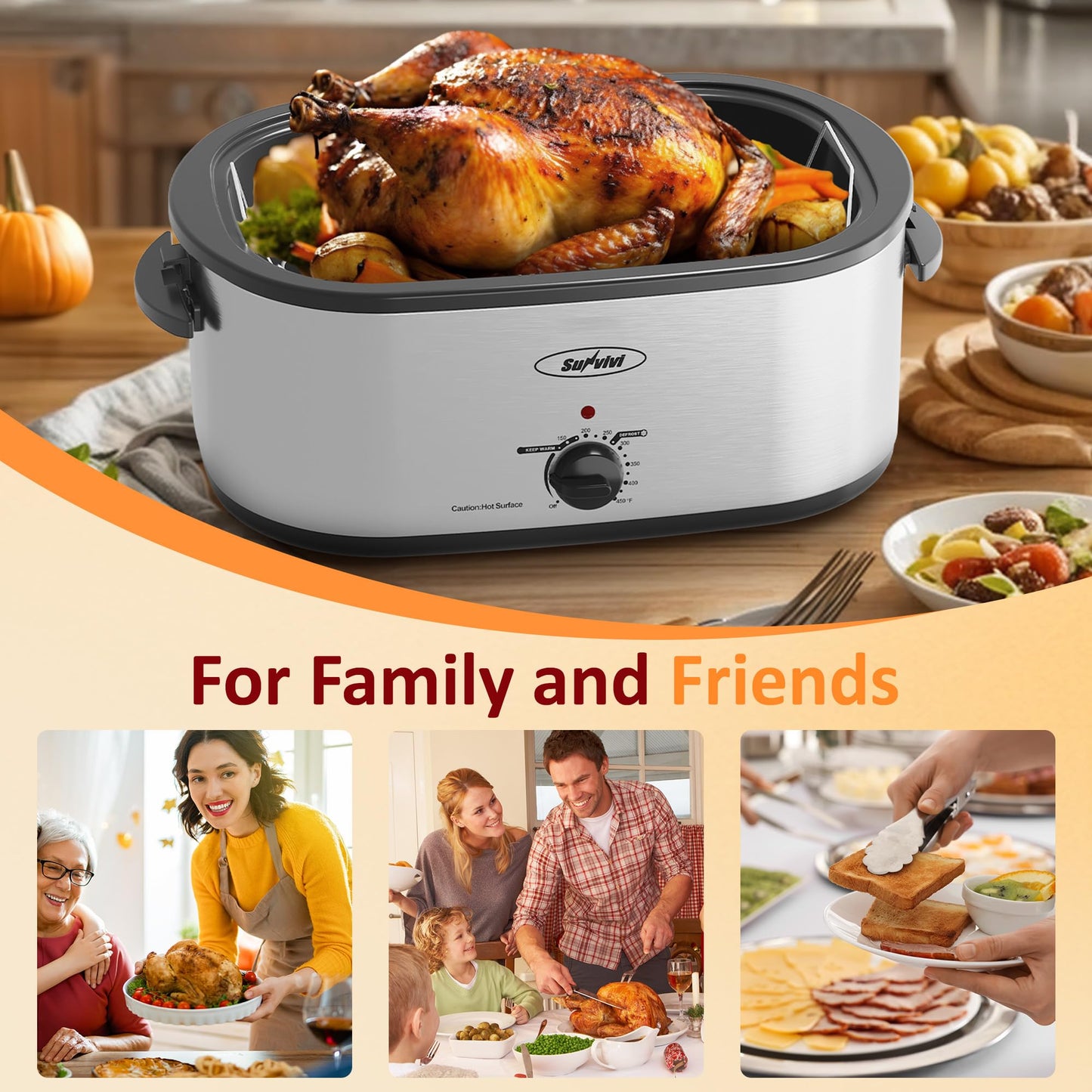 Sunvivi 26 Quart Roaster Oven, Electric Roaster Oven with Glass Lid, Turkey Roaster Oven Buffet with Self-Basting Lid, Removable Pan, Cool-Touch Handles, Silver