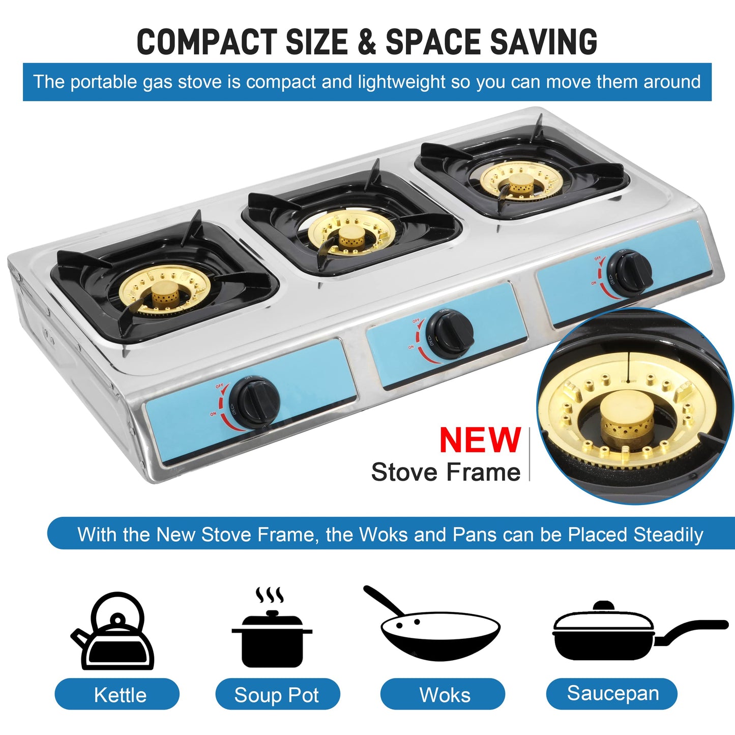 Propane Gas Stove,3 Burner Gas StovePortable Gas Stove Auto Ignition Camping Stainless Steel Stove 3 Burner LPG for RV, Apartment,Outdoor