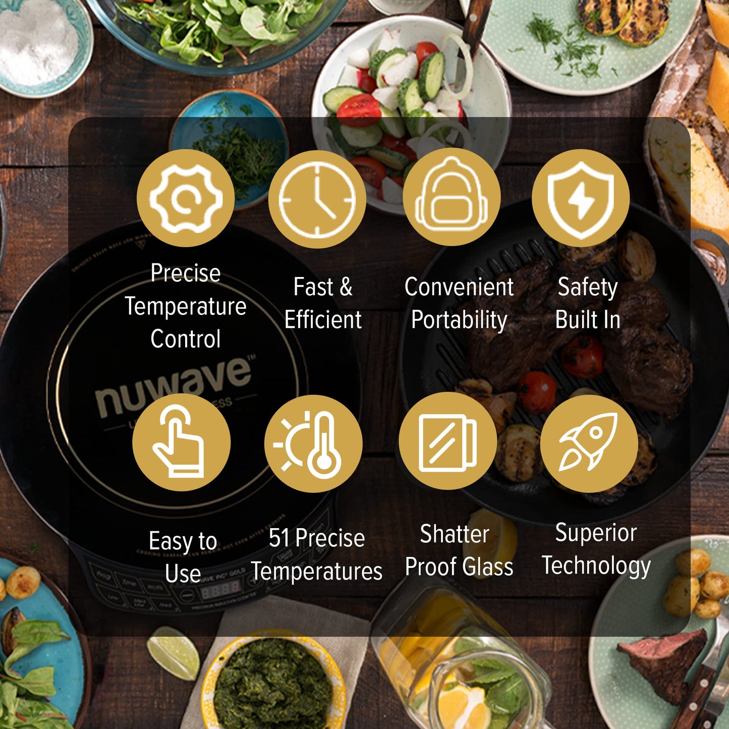 Nuwave Gold Precision Induction Cooktop, Portable, Powerful with Large 8” Heating Coil,100°F to 575°F, 3 Wattage Settings, 12” Heat-Resistant Cooking Surface, Premium10.5” Non-Stick Fry Pan Included