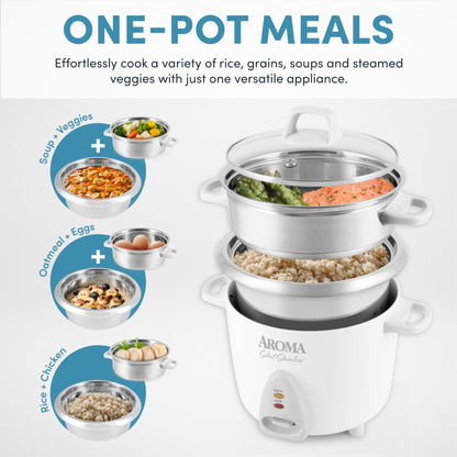 Aroma Housewares 14-Cup (Cooked) / 3Qt. Select Stainless Pot-Style Rice Cooker, & Food Steamer, One-Touch Operation, Automatic Keep Warm Mode, White (ARC-757-1SG)