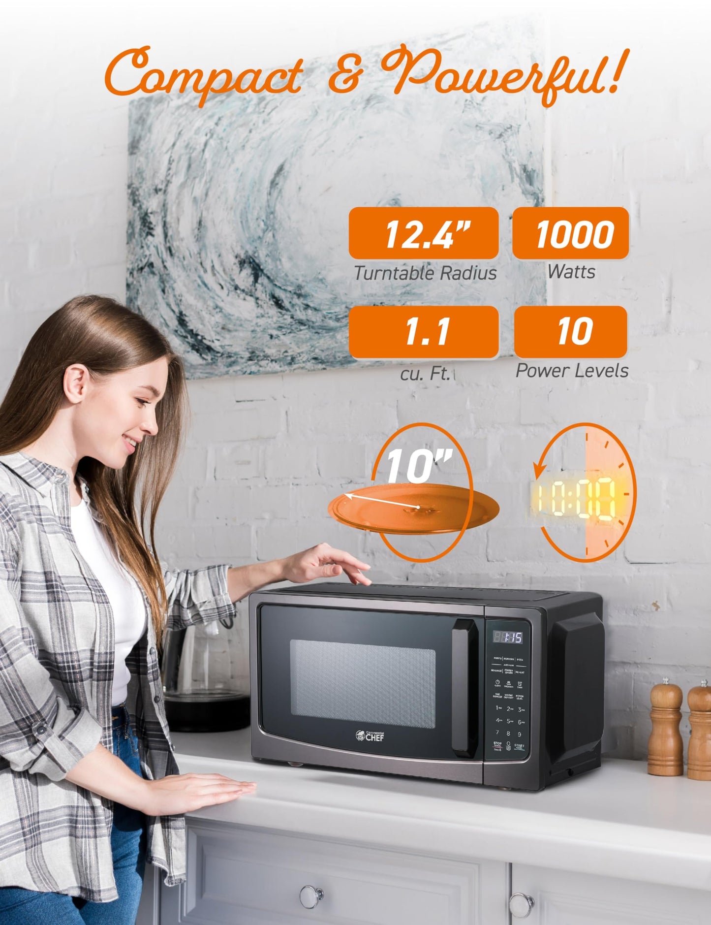 COMMERCIAL CHEF 1.1 Cu Ft Microwave with 10 Power Levels, Microwave 1000W with Pull Handle Door, Countertop Microwave with Microwave Turntable and Digital Controls, Black Stainless Steel