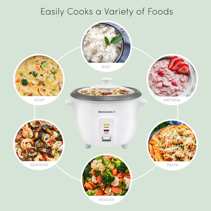 Elite Gourmet ERC-006NST Maxi-Matic Electric Rice Cooker with Non-Stick Inner Pot Makes Soups, Stews, Grains, Cereals, Keep Warm Feature, 6 Cups Cooked (3 Cups Uncooked), White