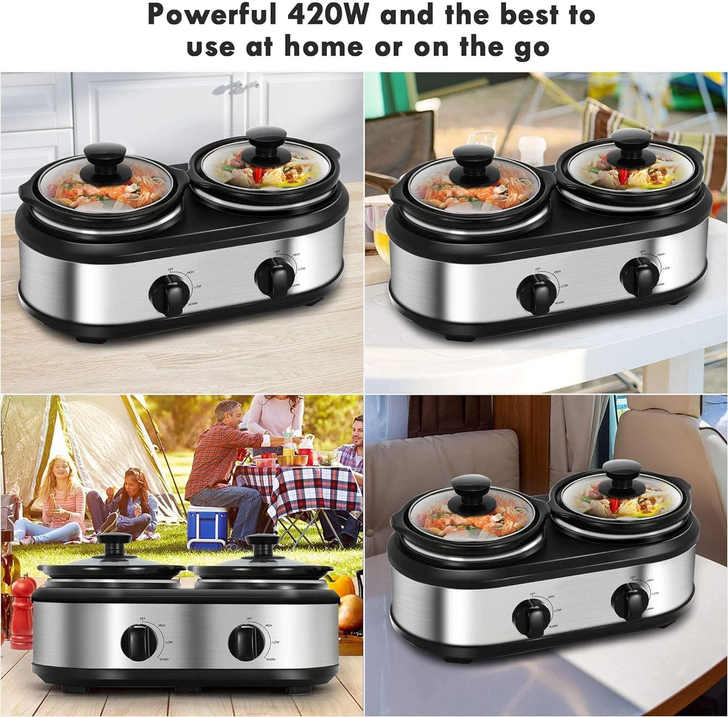 Dual Slow Cooker Buffet Server Food Warmer with 3 Adjustable Temperature Modes, Double Slow Cooker with 1.5 QT Ceramic Pot and Removeable Glass Lid, Dishwasher Safe, Stainless Steel