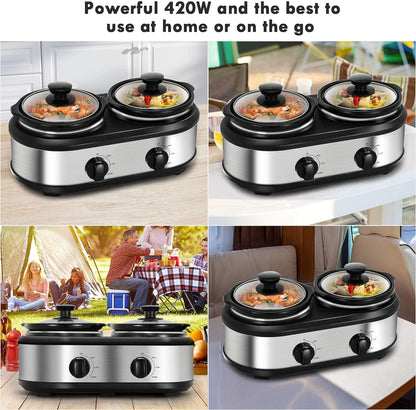 Dual Slow Cooker Buffet Server Food Warmer with 3 Adjustable Temperature Modes, Double Slow Cooker with 1.5 QT Ceramic Pot and Removeable Glass Lid, Dishwasher Safe, Stainless Steel