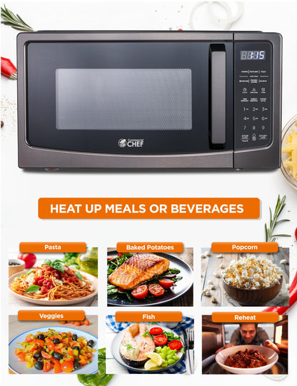 COMMERCIAL CHEF 1.1 Cu Ft Microwave with 10 Power Levels, Microwave 1000W with Pull Handle Door, Countertop Microwave with Microwave Turntable and Digital Controls, Black Stainless Steel