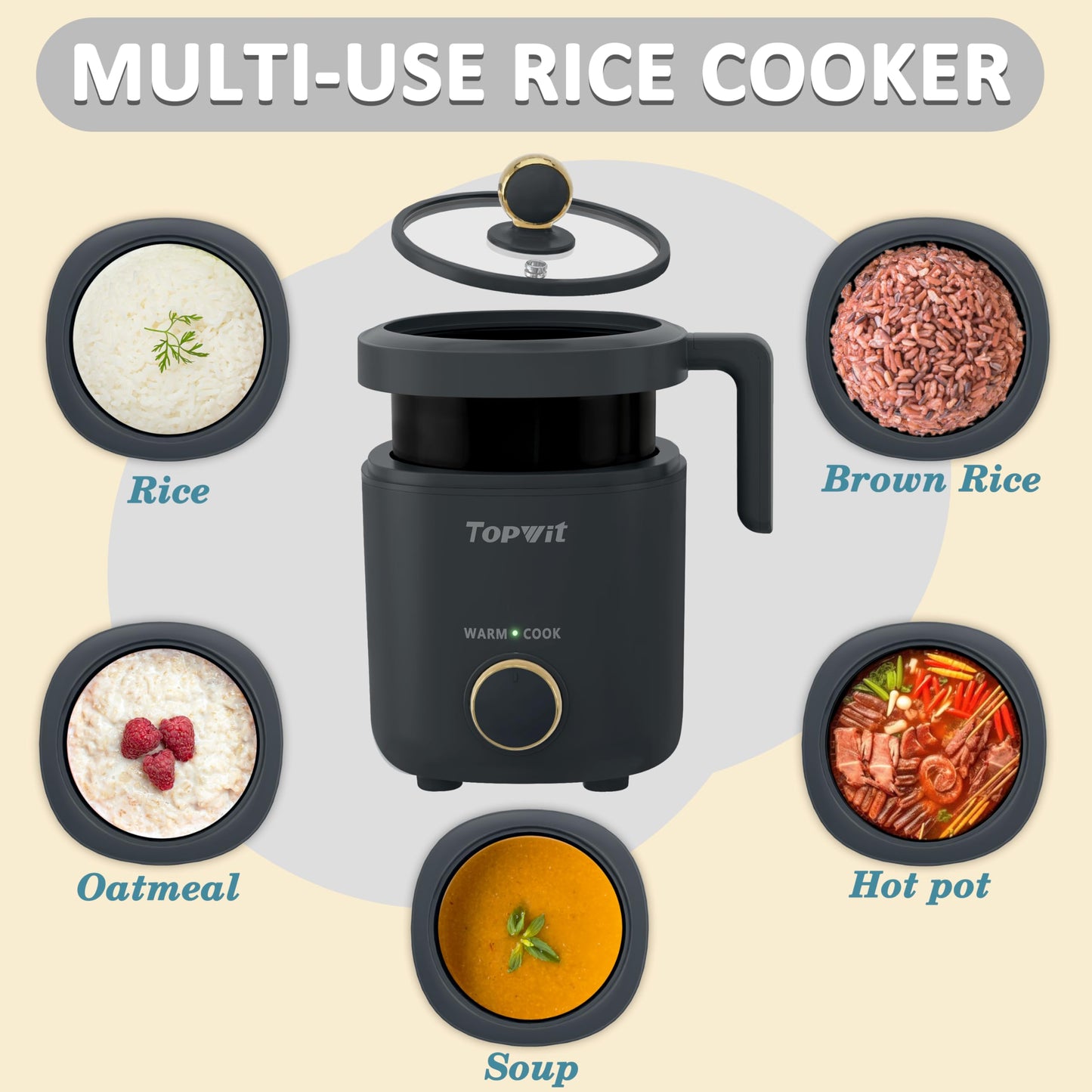 TOPWIT Rice Cooker Small, 2-Cups Uncooked, 1.2L Mini Rice Cooker with Non-stick Coating, BPA Free, Portable Rice Maker with One Touch & Keep Warm Function, Grey