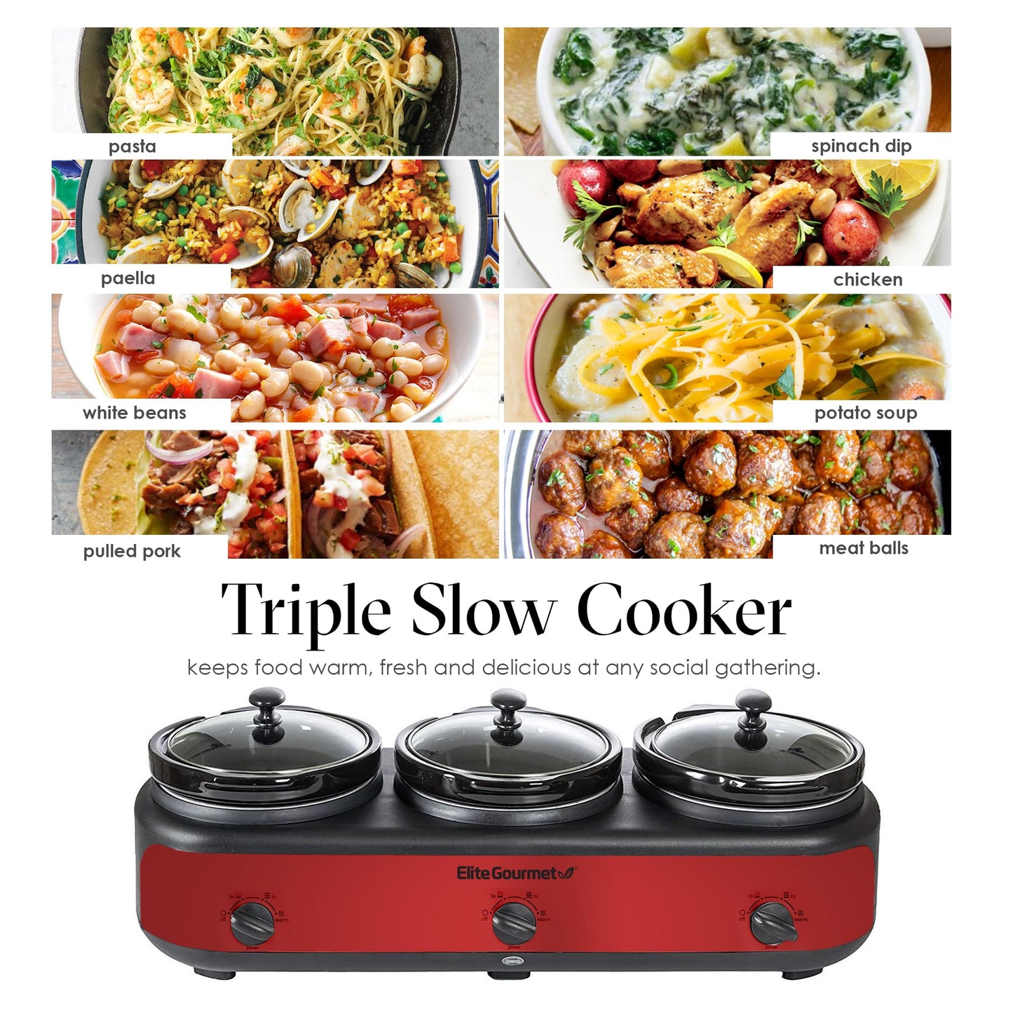 Elite Gourmet EWMST-325R Maxi-Matic Triple Slow Cooker Buffet Server Adjustable Temp Dishwasher-Safe Oval Ceramic Pots, Lid Rests, 3 x 2.5 Qt Capacity, Red