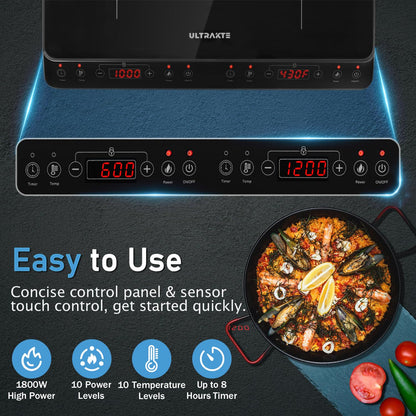 Double Induction Cooktop, ULTRAKTE Portable Dual Induction Burner with Sensor Touch, 1800W Induction Cooktop 2 Burner, Electric Countertop Cooker with 10 Temp & Power Levels, 8-Hour Timer, Safety Lock