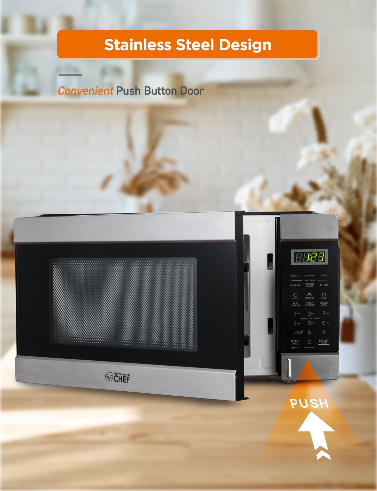 COMMERCIAL CHEF 1.1 Cu Ft Microwave with 10 Power Levels, Small Microwave with Push Button, 1000W Countertop Microwave with Kitchen Timer, Door Lock, & Digital Controls, Stainless Steel