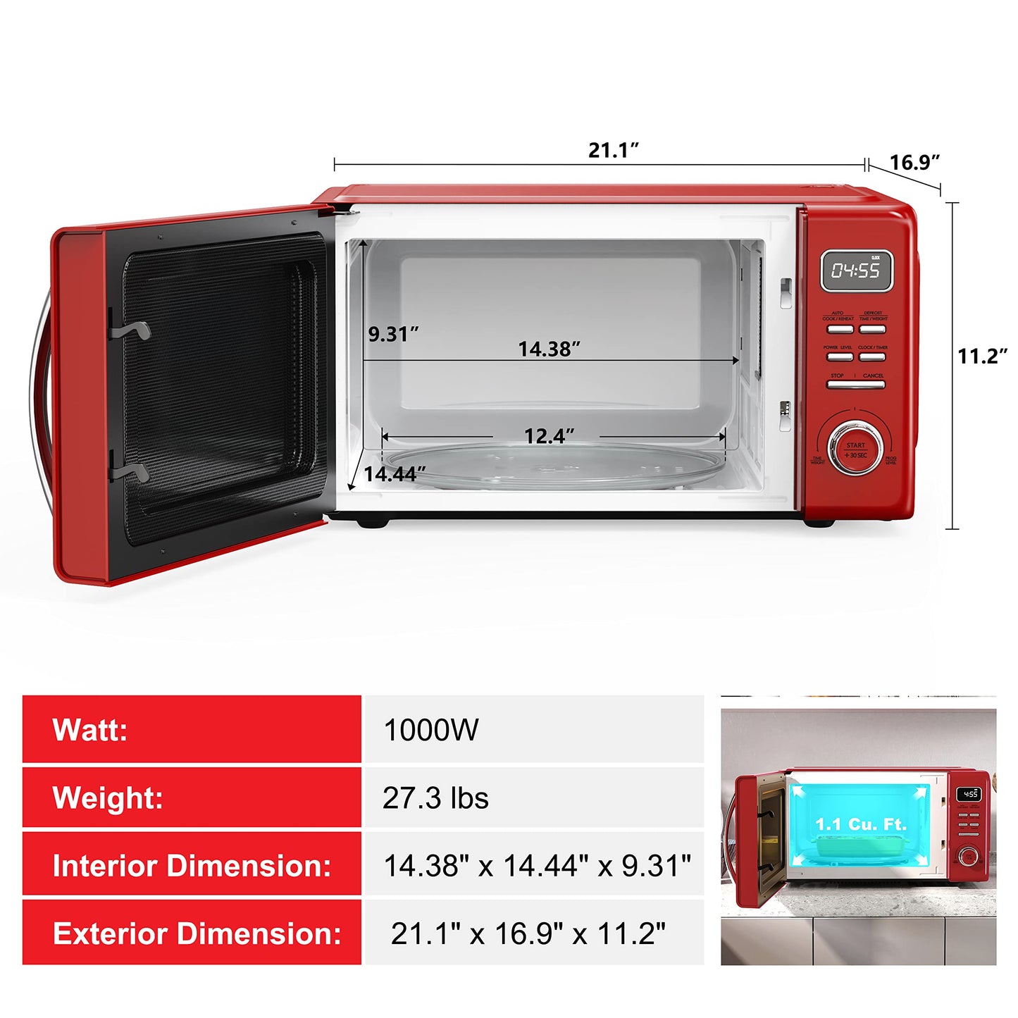 Galanz GLCMKZ11RDR10 Retro Countertop Microwave Oven with Auto Cook & Reheat, Defrost, Quick Start Functions, Easy Clean with Glass Turntable, Pull Handle, 1.1 cu ft, Red