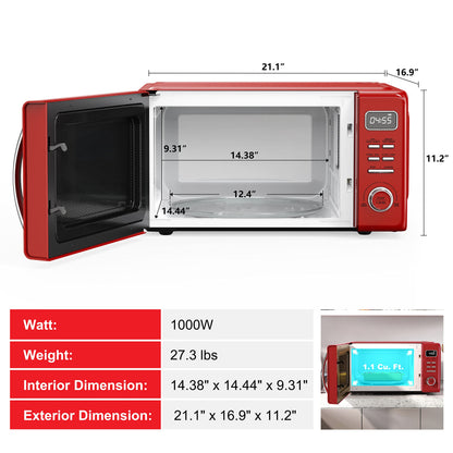 Galanz GLCMKZ11RDR10 Retro Countertop Microwave Oven with Auto Cook & Reheat, Defrost, Quick Start Functions, Easy Clean with Glass Turntable, Pull Handle, 1.1 cu ft, Red