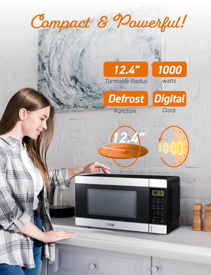 COMMERCIAL CHEF 1.1 Cu Ft Microwave with 10 Power Levels, Small Microwave with Push Button, 1000W Countertop Microwave with Kitchen Timer, Door Lock, & Digital Controls, Stainless Steel