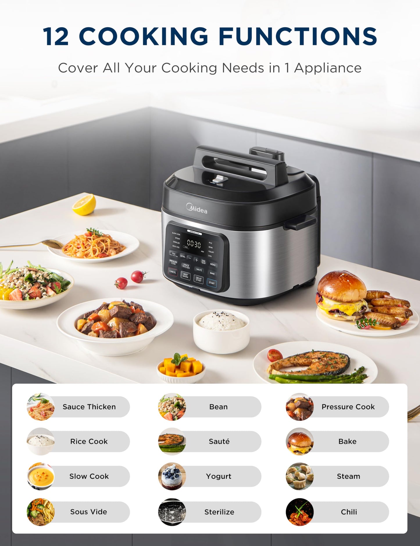 Midea WideMax 12-in-1 Electric Pressure Cooker, 6.5 Quart, 12 Presets, Multi-Functional Programmable Slow Cooker, Rice Cooker, Steamer, Sauté Pan, Cake, Yogurt, Warmer and More