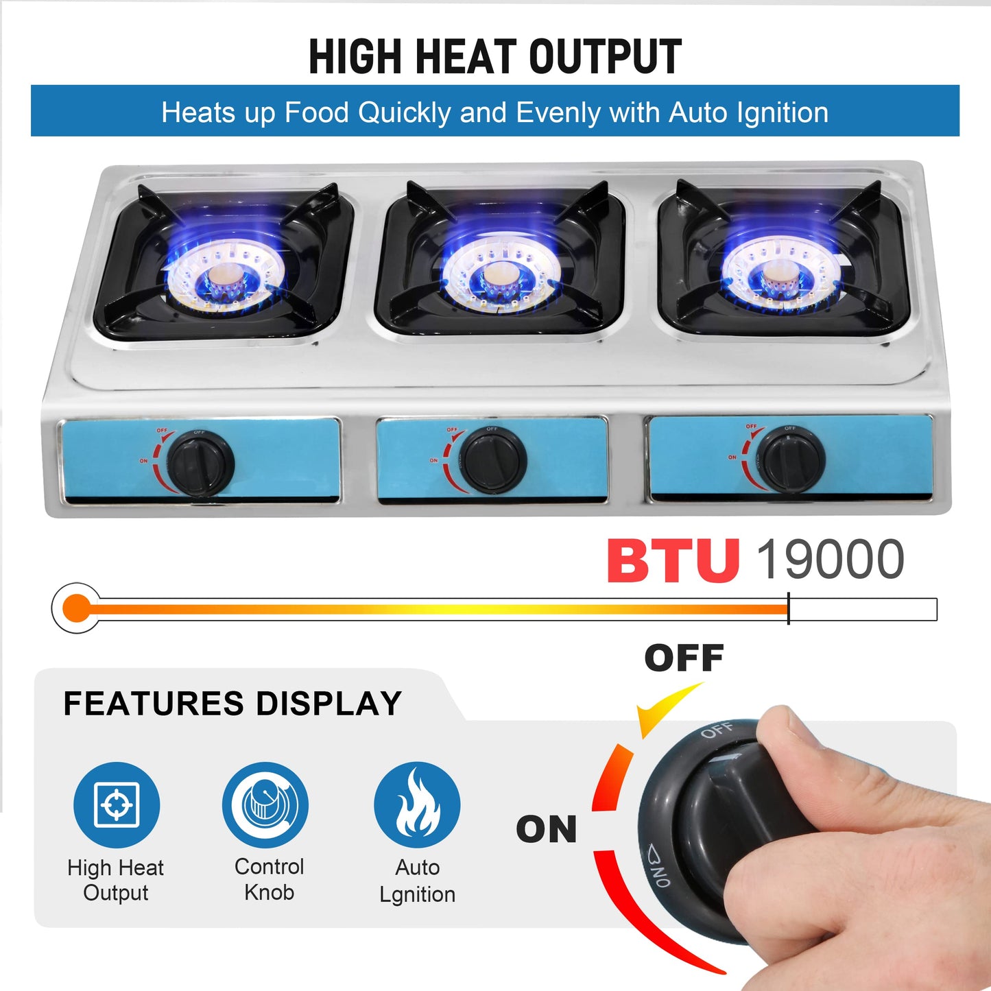 Propane Gas Stove,3 Burner Gas StovePortable Gas Stove Auto Ignition Camping Stainless Steel Stove 3 Burner LPG for RV, Apartment,Outdoor