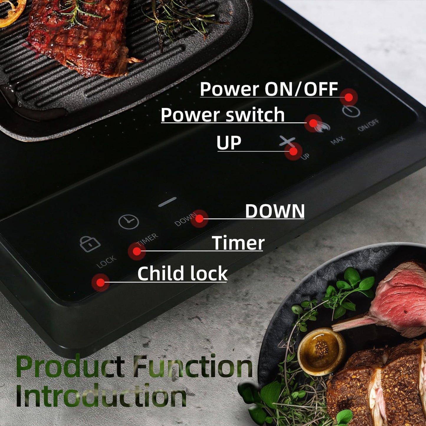 WAATFEET 1600W Portable Induction Cooktop,Electric Induction Cooker and Burner,Countertop Hot Plate with 10-Level Adjustment,3-Hour Timer,Smart Touch Cooktop,and Safety Lock Feature,Black