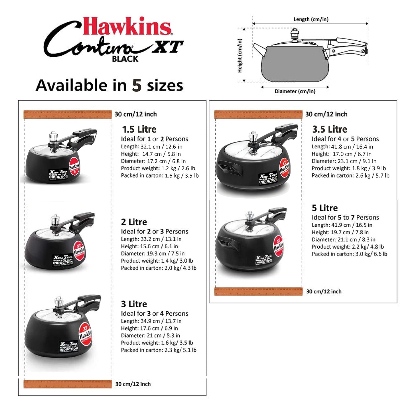 Hawkins CXT30 Contura Hard Anodized Induction Compatible Extra Thick Base Pressure Cooker, Black, 3L, 3 L