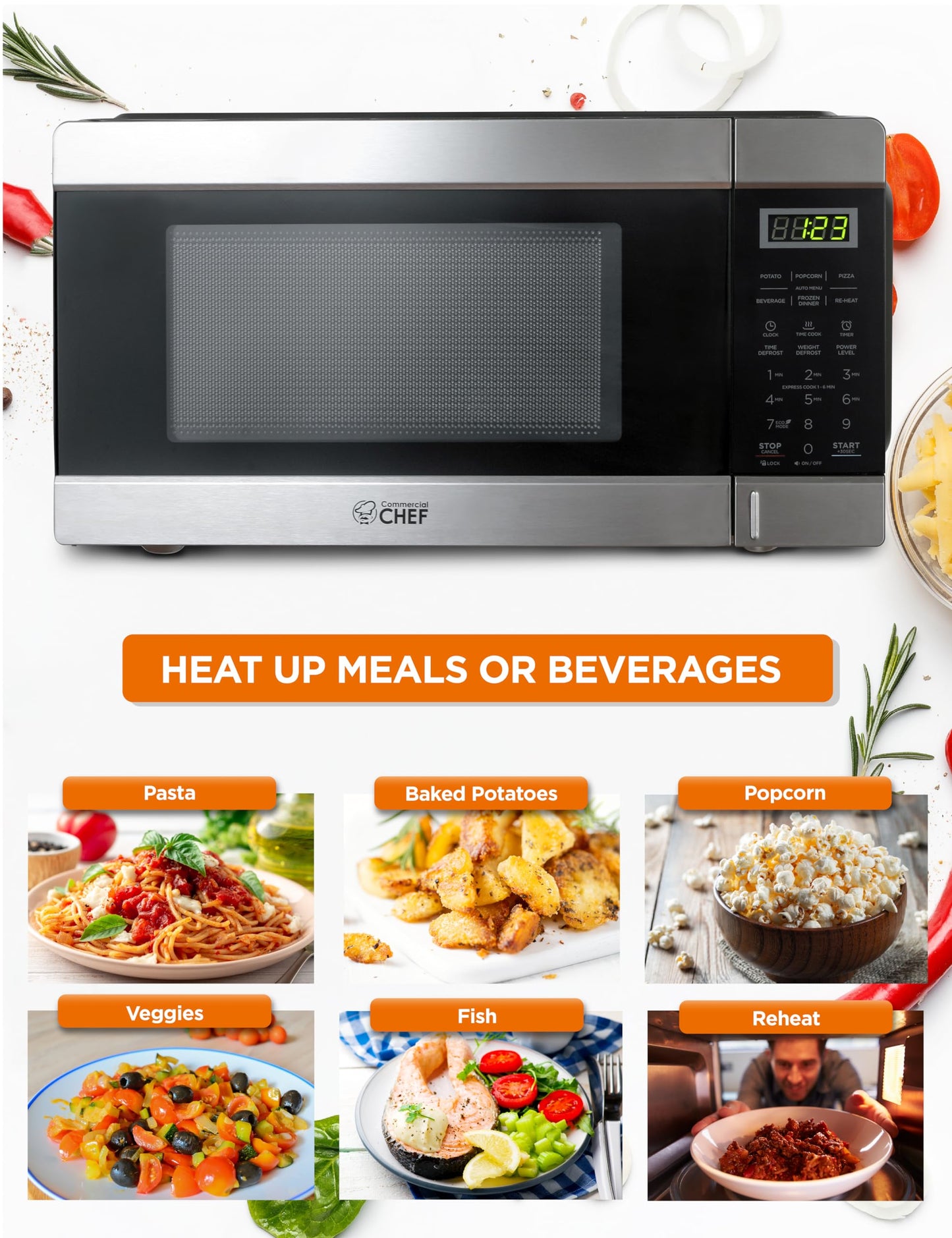 COMMERCIAL CHEF 1.1 Cu Ft Microwave with 10 Power Levels, Small Microwave with Push Button, 1000W Countertop Microwave with Kitchen Timer, Door Lock, & Digital Controls, Stainless Steel