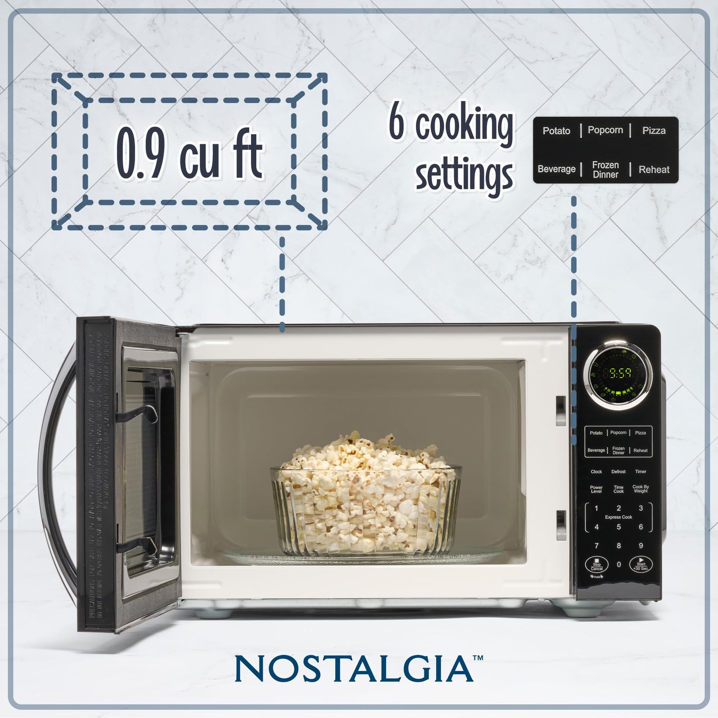 Nostalgia Modern Retro Countertop Microwave Oven - 900-Watt - 0.9 cu ft - 12 Pre-Programmed Cooking Settings - Digital Clock - Kitchen Appliances - Black