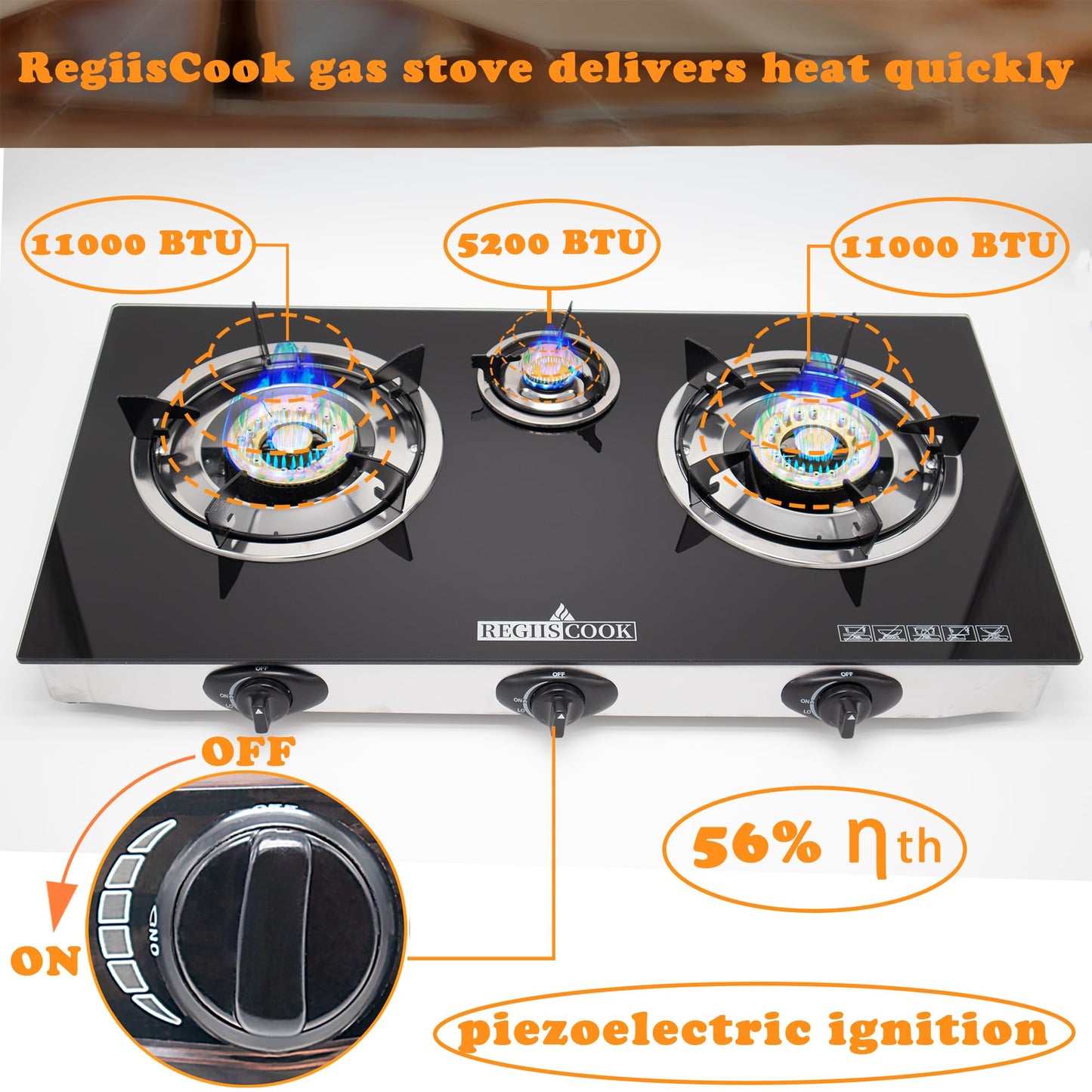 RegiisCook 3 Burner Propane Gas Cooktop,Camping Portable LPG Gas Stove, Auto Ignition Tempered Glass Countertop with regulator and burner grate