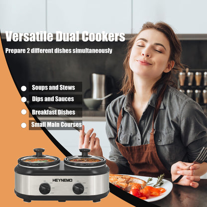 Double Slow Cooker, Buffet Servers and Warmers, Dual 2 Pot Slow Cooker Food Warmer, Adjustable Temp Dishwasher Safe Removable Ceramic Pot Glass Lid, 2 x 1.25 QT Portable Small Crock Cooker