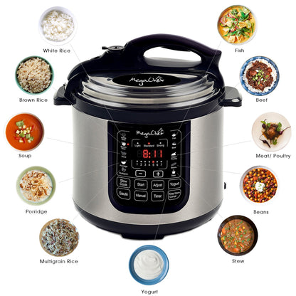 MegaChef MCPR120A 8 Quart Digital Pressure Cooker with 13 Pre-set Multi Function Features, Stainless Steel