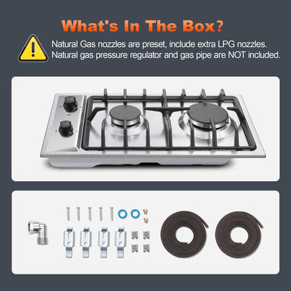 Eascookchef Gas Stove Top 2 Burner,Bulit-in Gas Cooktop 12 inch,Stainless Steel Propane Cooktop, NG/LPG Convertible,Drop-in Gas Burner, 2 Burner Gas Stove with Thermocouple Protection, RV Stove