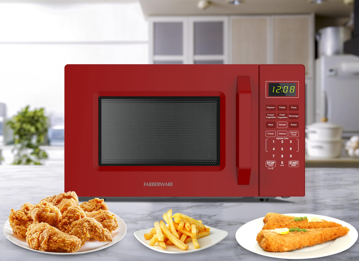 Farberware FMO11WEIRD Countertop Oven Compact Microwave with Child-Lock, Reheat Function, Express Cook, and Kitchen Timer, 1.1 Cu. Ft, Red