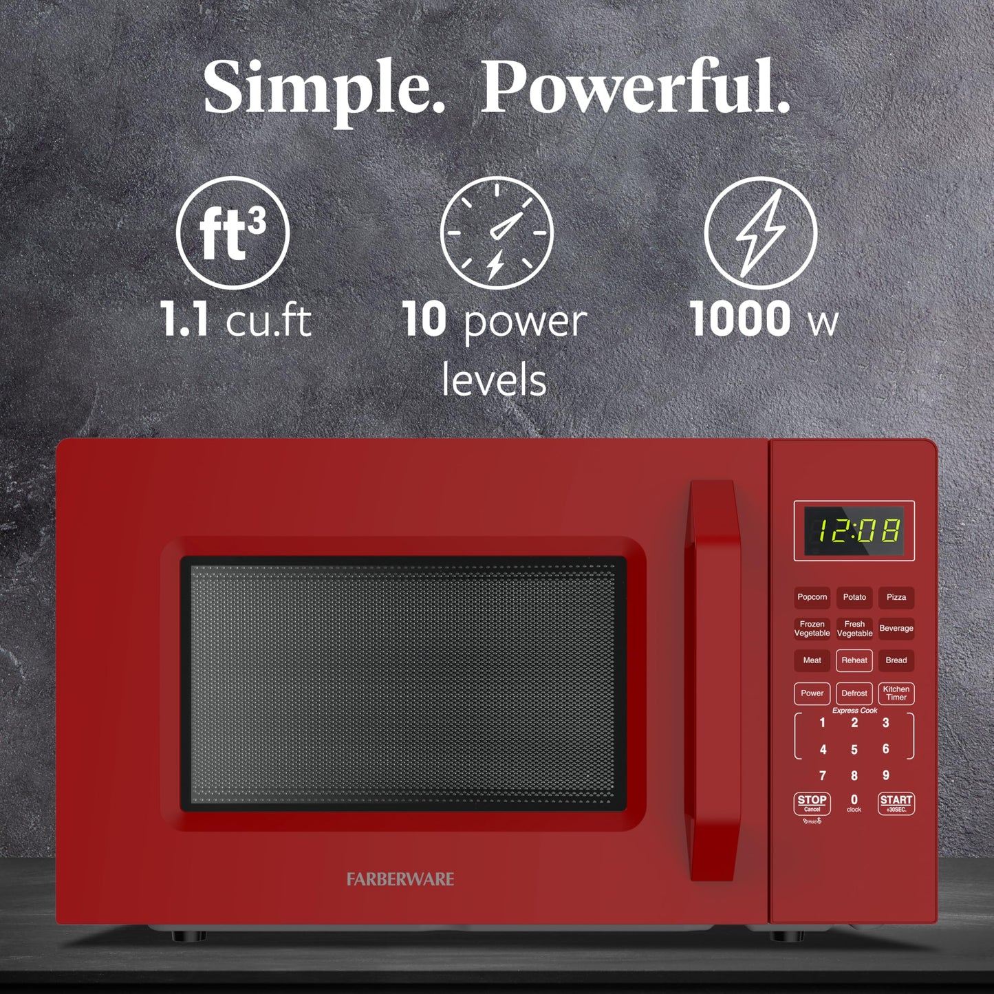 Farberware FMO11WEIRD Countertop Oven Compact Microwave with Child-Lock, Reheat Function, Express Cook, and Kitchen Timer, 1.1 Cu. Ft, Red