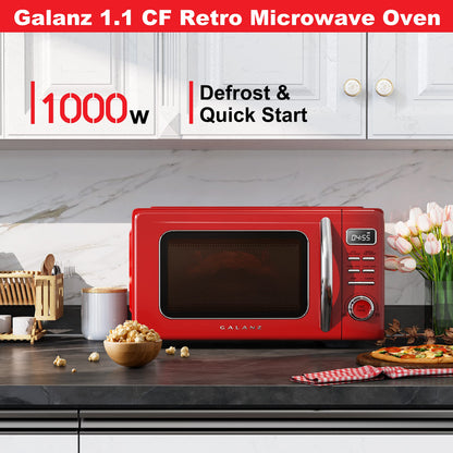 Galanz GLCMKZ11RDR10 Retro Countertop Microwave Oven with Auto Cook & Reheat, Defrost, Quick Start Functions, Easy Clean with Glass Turntable, Pull Handle, 1.1 cu ft, Red