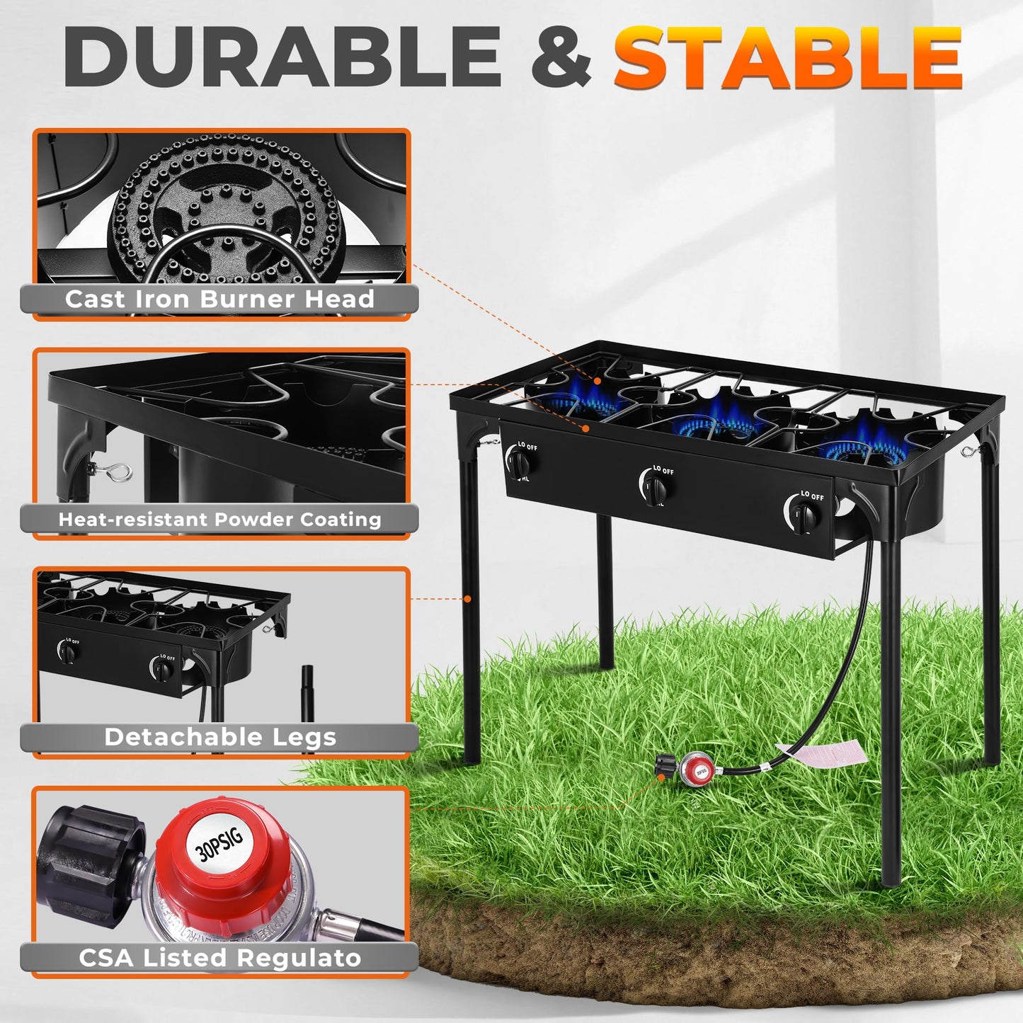 STEELUS Propane Camping Stove, 225000 BTU Outdoor Propane Stove, 3 Burner High Pressure Propane Gas Cooker with Detachable Legs, 30 PSI Regulator