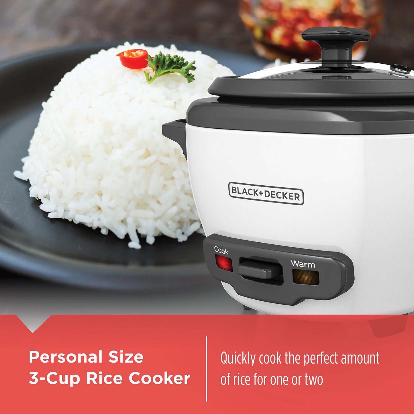 BLACK+DECKER 3-Cup Rice Cooker, 1.5-cup Uncooked Rice, 3 Cups Cooked, Steaming Basket, Removable Non-Stick Bowl, One Touch