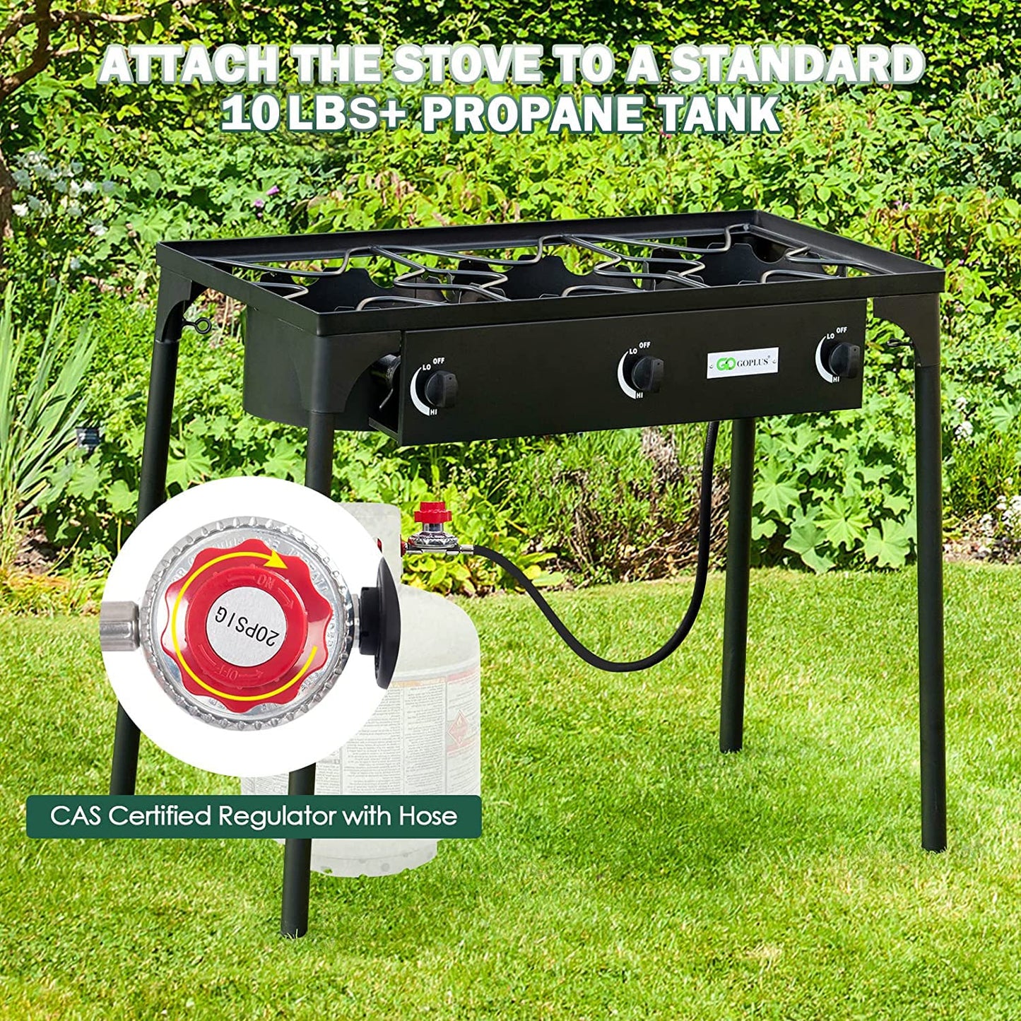 Goplus Outdoor Camping Stove, 3 Burner Propane Gas Cooker w/Detachable Legs & CSA Regulator & 0-20 PSI Regulator for Camp Patio RV, Cast Iron, 225,000-BTU